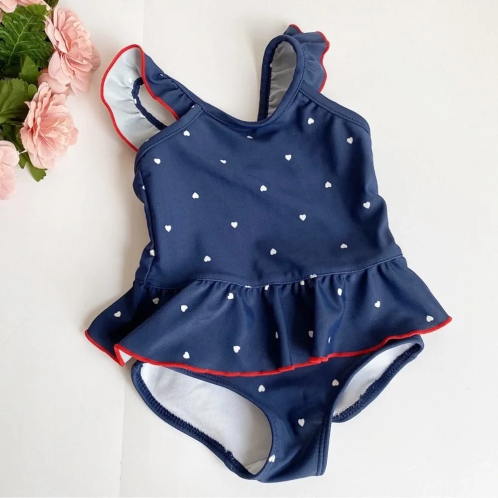 Carter's Navy Blue/ White Heart Dots Ruffle One Piece Swimsuit